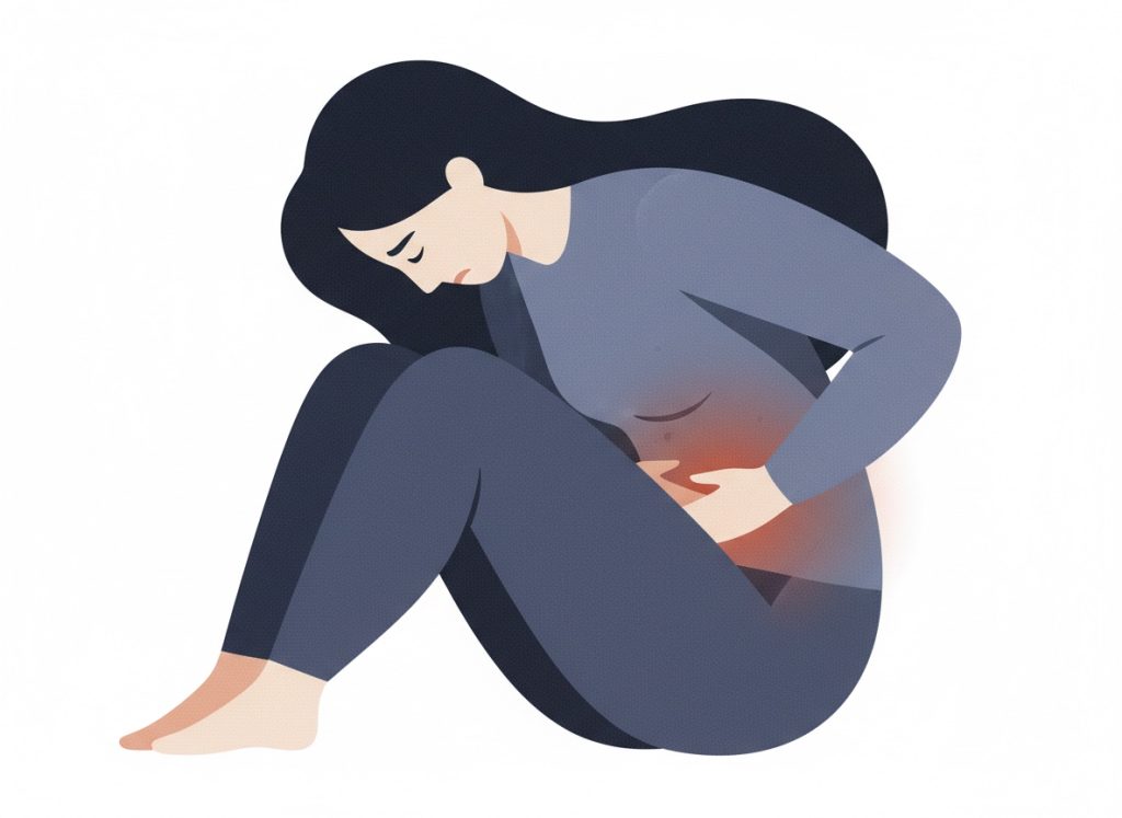 illustration of a dark haired woman doubled over in tummy pain