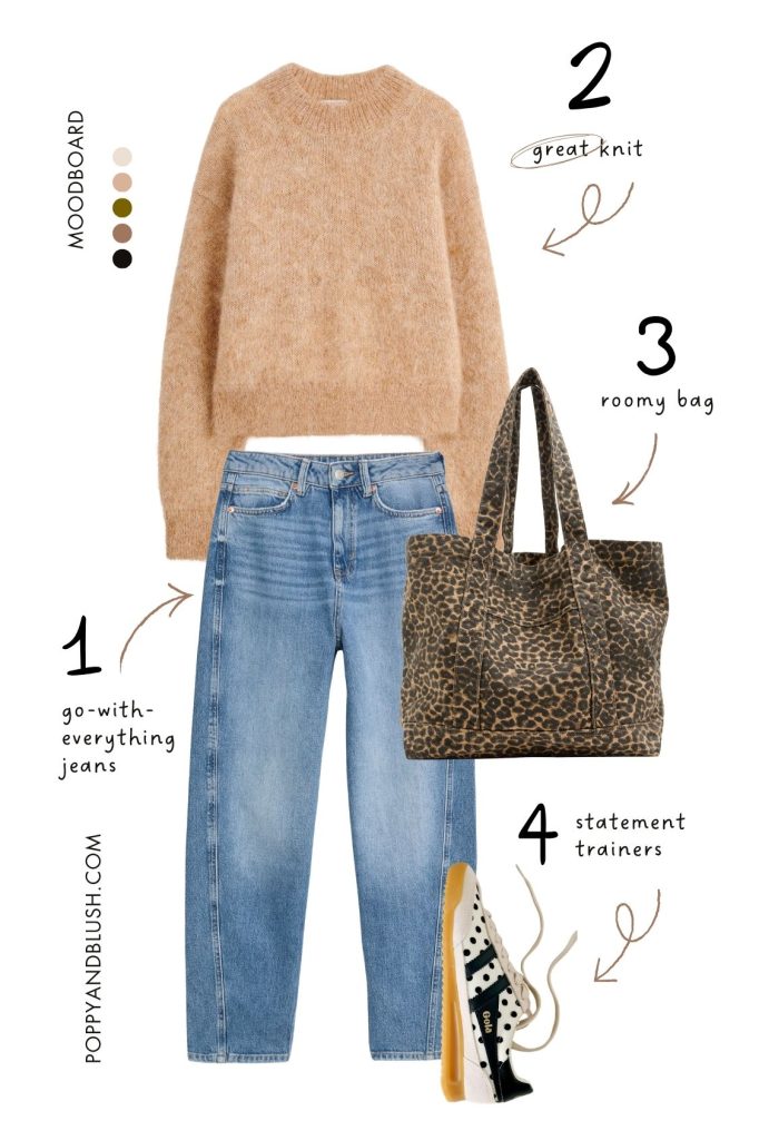 Jeans + great knit + trainers + boots + shopper outfit moodboard
