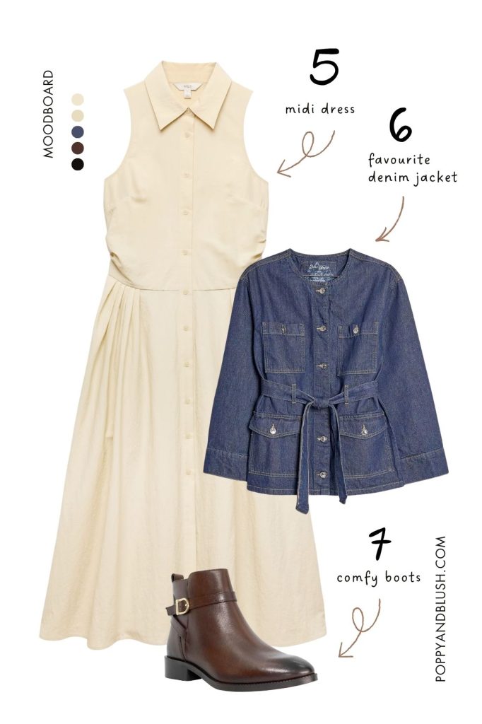 Midi dress + denim jacket + boots moodboard