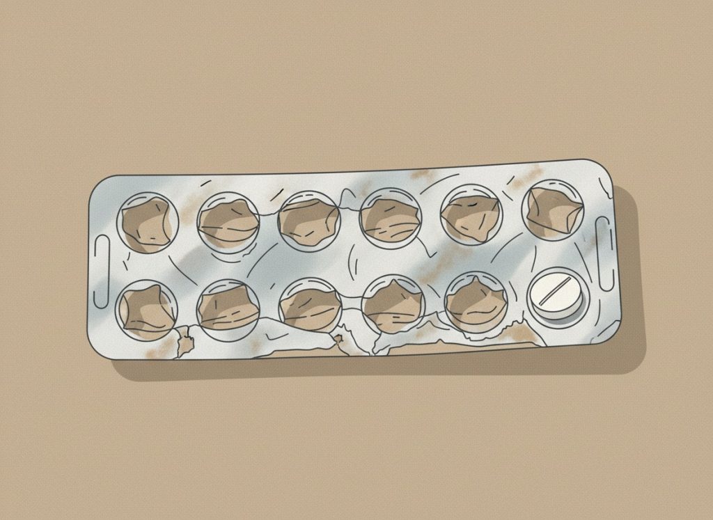 An illustration of a pack of painkillers with one pill left