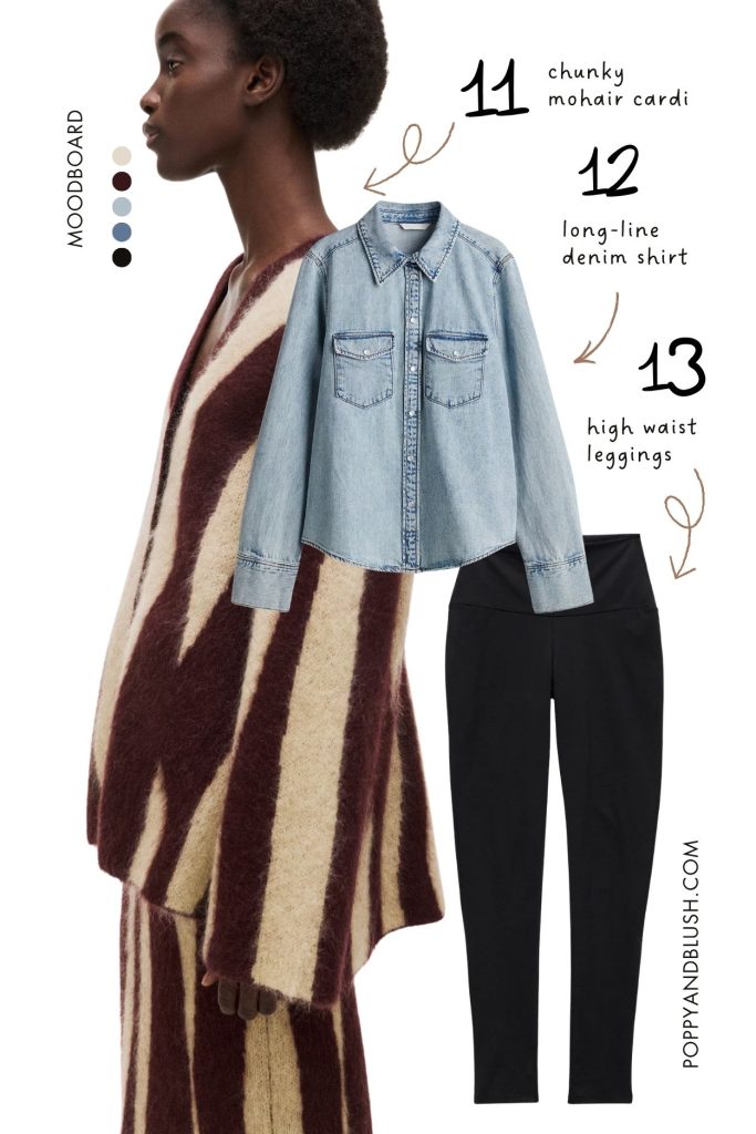 Chunky longline cardi plus denim shirt and leggings look