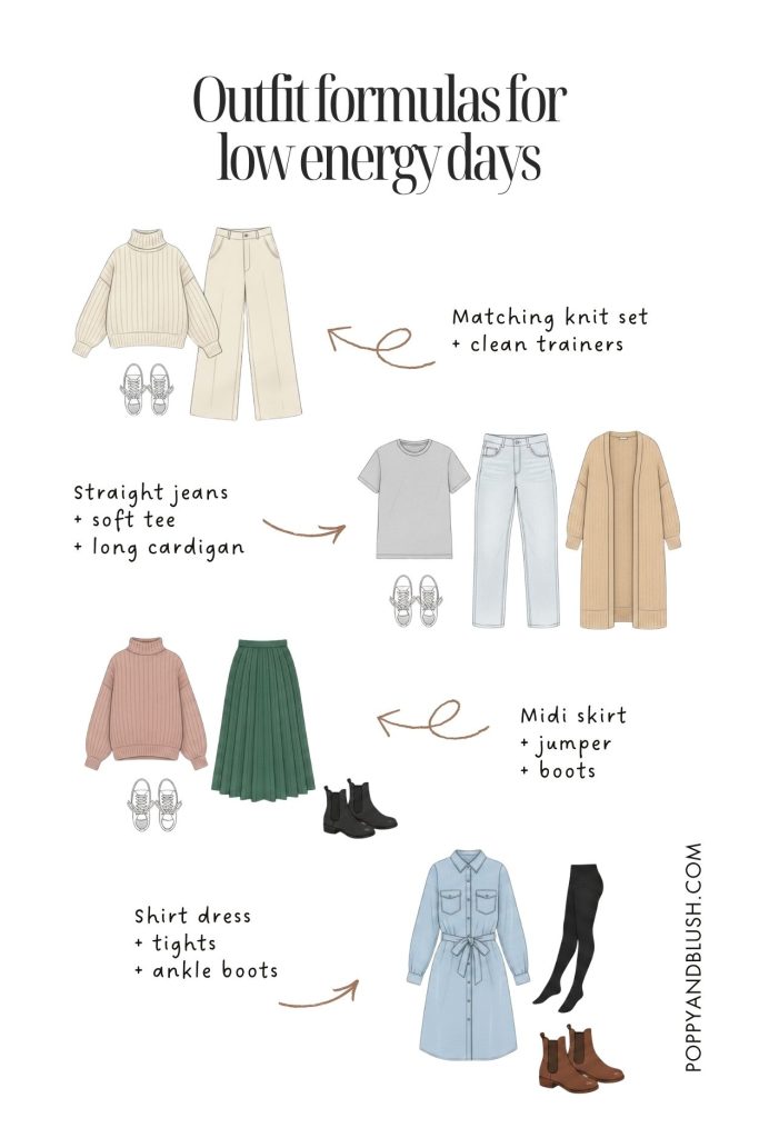 Outfit formulas for low energy days: Matching knit set + clean trainers. Straight jeans + soft tee + long cardigan. Midi skirt + jumper + boots. Shirt dress + tights + ankle boots