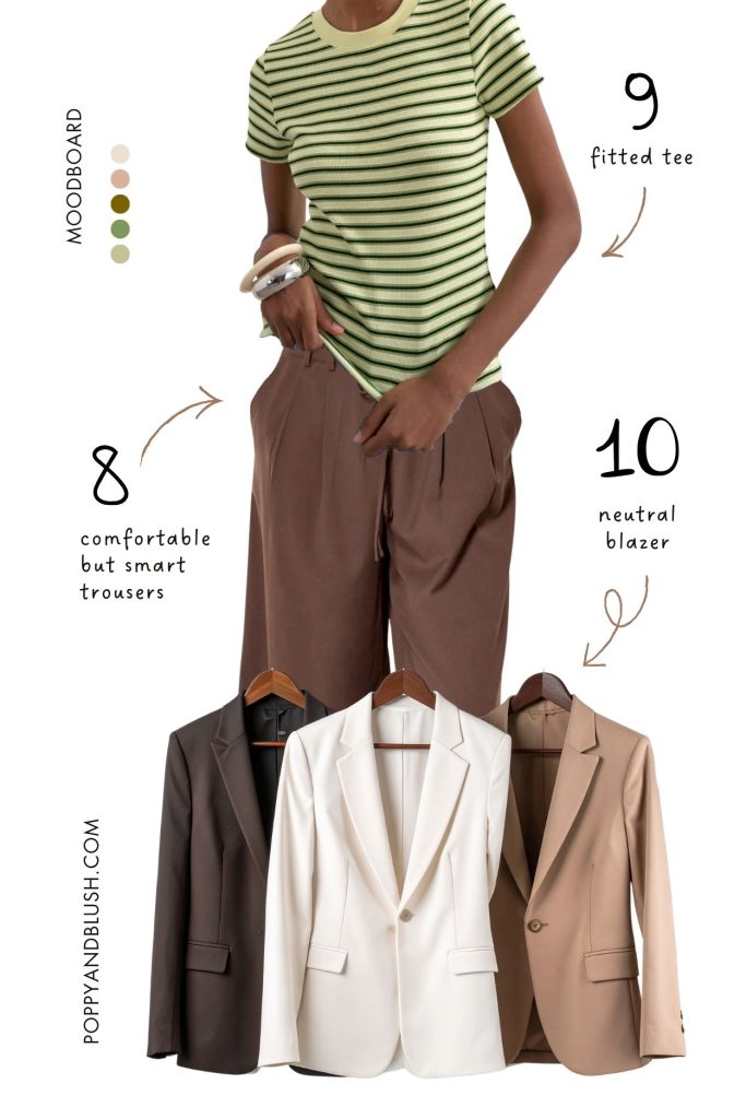 fitted tee, comfy smart trousers and blazer outfit moodboard